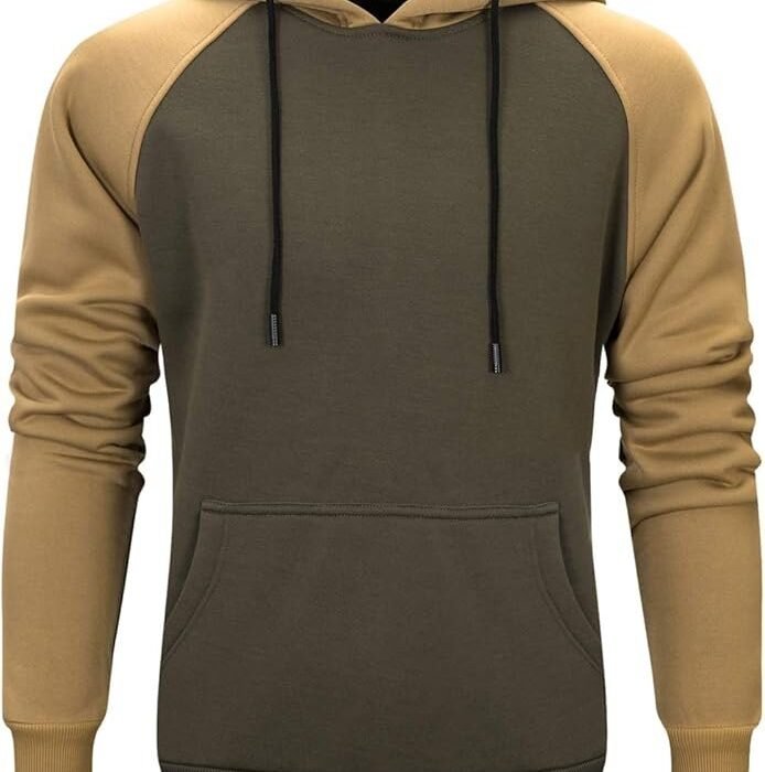 Men’s Two-Tone Pullover Hoodie – Olive Green & Khaki Colorblock Sweatshirt with Kangaroo Pocket