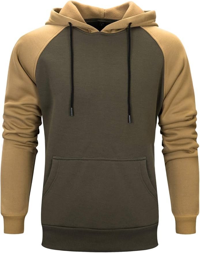 Men’s Two-Tone Pullover Hoodie – Olive Green & Khaki Colorblock Sweatshirt with Kangaroo Pocket