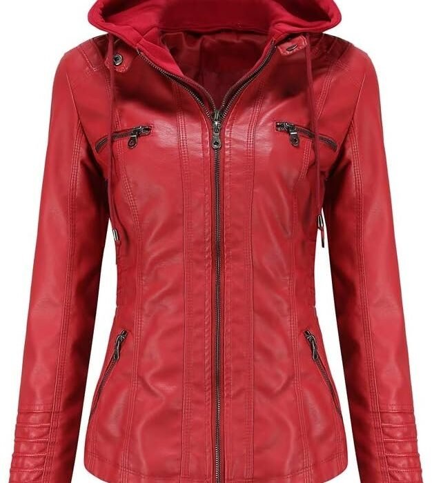 Women’s Stylish Red Faux Leather Jacket with Hood & Zipper Pockets