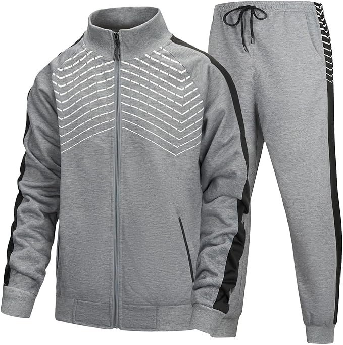 Men's Casual 2 Piece Tracksuit Set Full-Zip Athletic Jogger Outfit with Grey Chevron Design Jacket and Pants