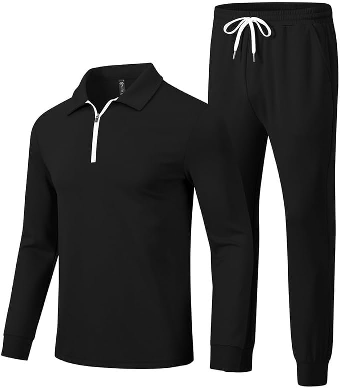 Men's 2 Piece Slim Fit Tracksuit Outfit Half-Zip Sports Training Sweat Suit with Black Jacket and Jogger Pants