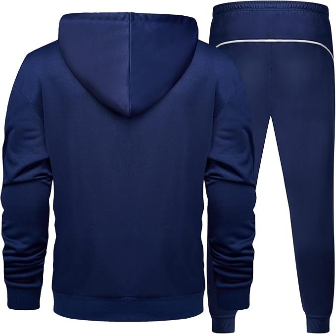 Men's 2 Piece Hoodie Tracksuit Set Casual Workout Jogger Sweat Suit with Contrast Navy and White Panel Jacket - Image 2